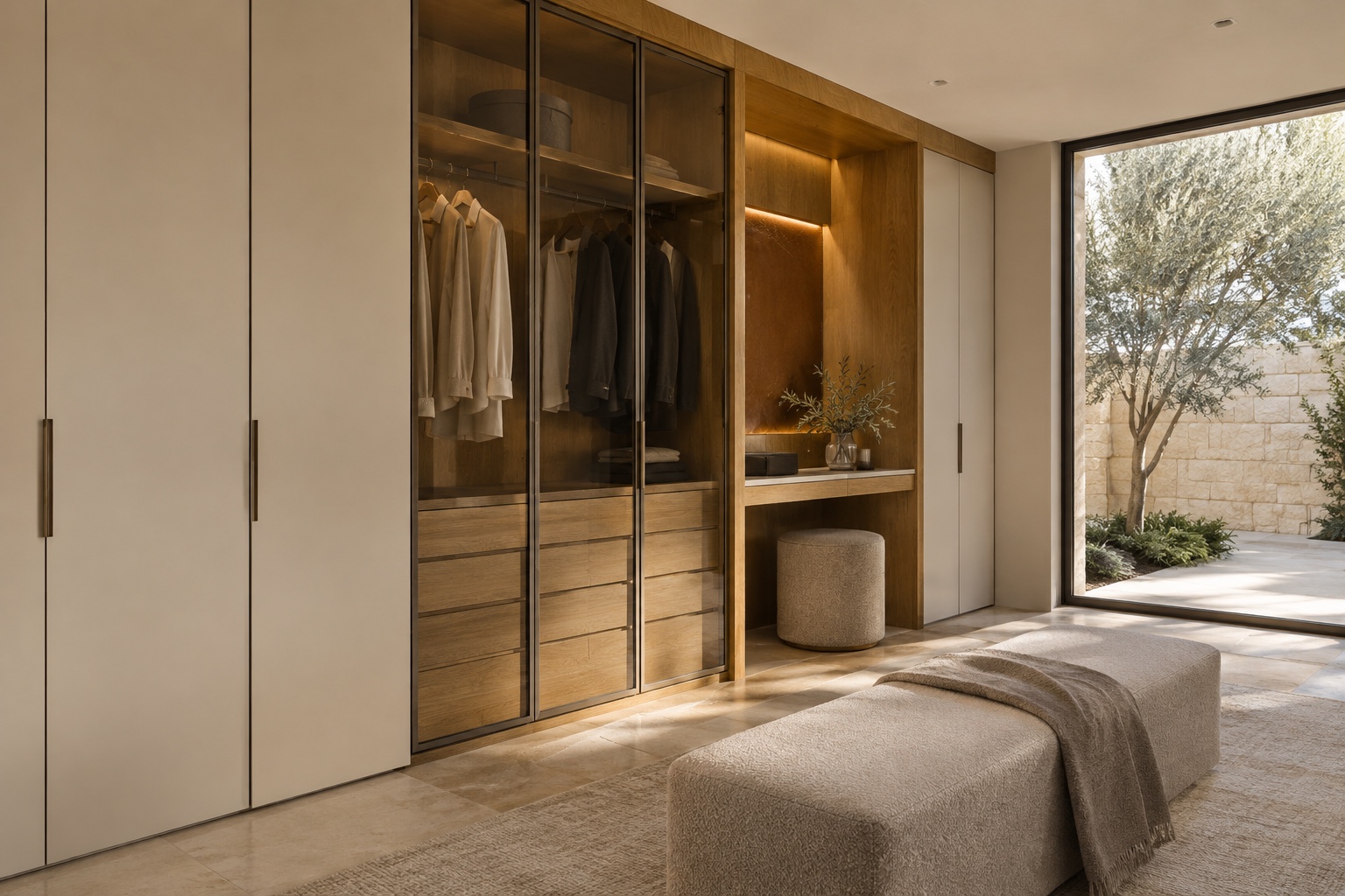 Oak and ivory wardrobe system with glazed doors, drawers and a dressing niche